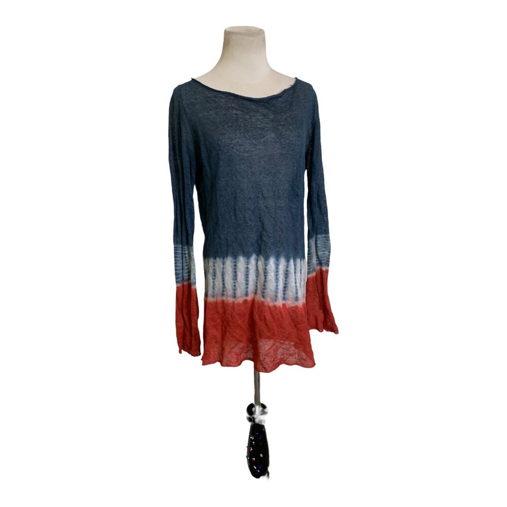 Lydia Hirscher blue orange color block Boat Neck Bohemian Blouse size M
